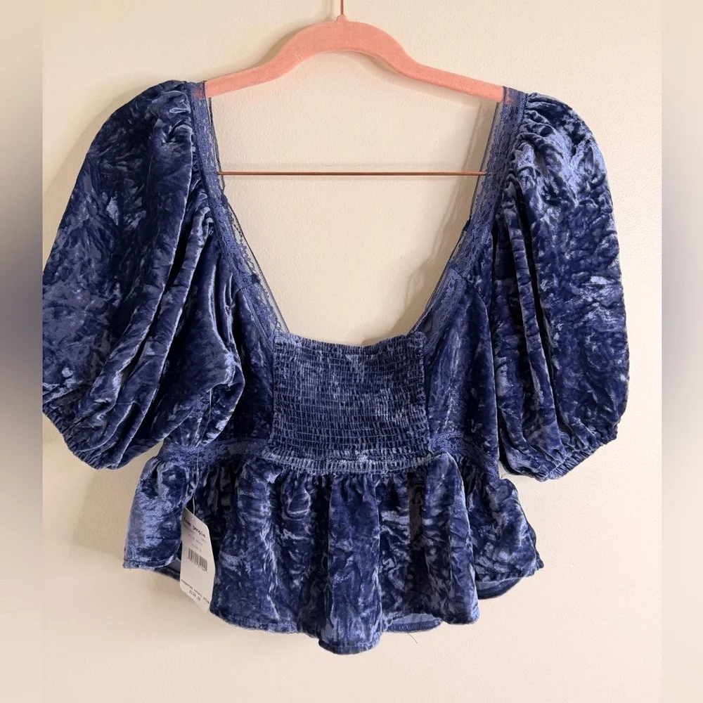 NWT Free People Deep Blue Velvet Blouse - Picture 5 of 5
